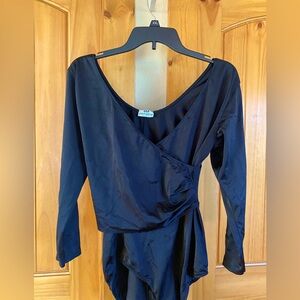 Vintage black long-sleeved leotard with wrap style top, and V neck line.